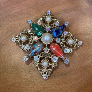 Vintage Sarah Coventry Galaxy Brooch Rhinestones Multicolored Cabochon Teardrops